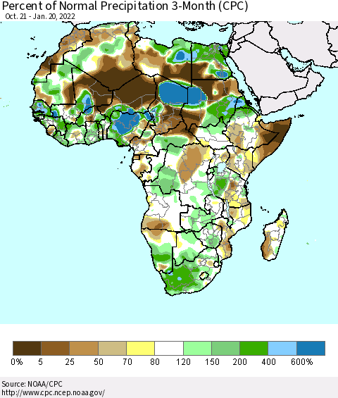 Africa Percent of Normal Precipitation 3-Month (CPC) Thematic Map For 10/21/2021 - 1/20/2022