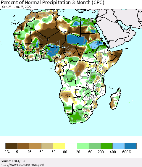 Africa Percent of Normal Precipitation 3-Month (CPC) Thematic Map For 10/26/2021 - 1/25/2022