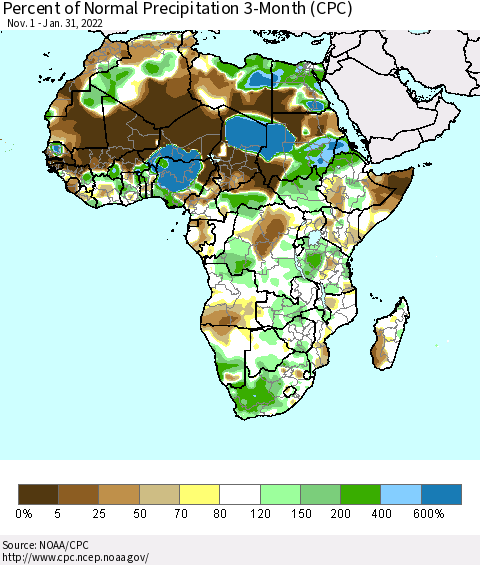 Africa Percent of Normal Precipitation 3-Month (CPC) Thematic Map For 11/1/2021 - 1/31/2022