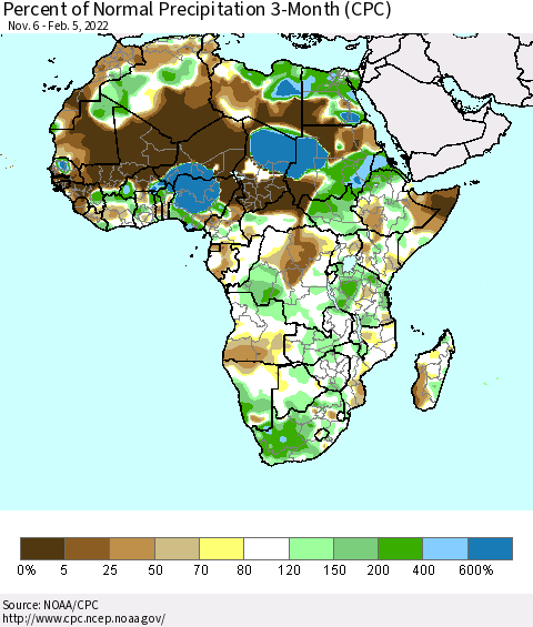 Africa Percent of Normal Precipitation 3-Month (CPC) Thematic Map For 11/6/2021 - 2/5/2022
