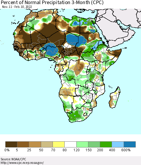 Africa Percent of Normal Precipitation 3-Month (CPC) Thematic Map For 11/11/2021 - 2/10/2022