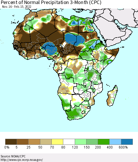 Africa Percent of Normal Precipitation 3-Month (CPC) Thematic Map For 11/16/2021 - 2/15/2022