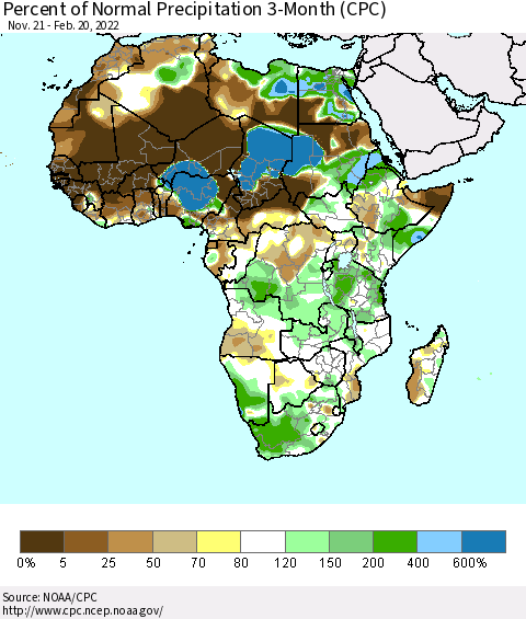 Africa Percent of Normal Precipitation 3-Month (CPC) Thematic Map For 11/21/2021 - 2/20/2022