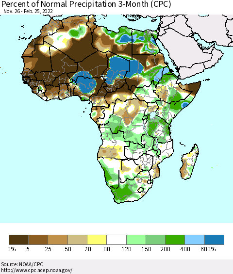 Africa Percent of Normal Precipitation 3-Month (CPC) Thematic Map For 11/26/2021 - 2/25/2022