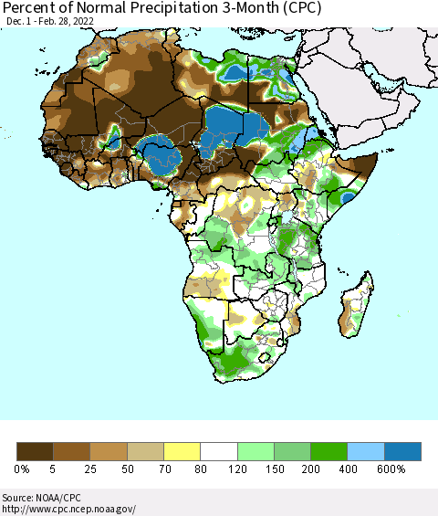 Africa Percent of Normal Precipitation 3-Month (CPC) Thematic Map For 12/1/2021 - 2/28/2022