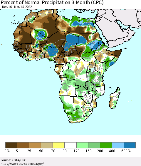 Africa Percent of Normal Precipitation 3-Month (CPC) Thematic Map For 12/16/2021 - 3/15/2022