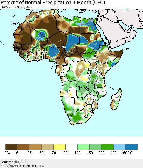Africa Percent of Normal Precipitation 3-Month (CPC) Thematic Map For 12/21/2021 - 3/20/2022