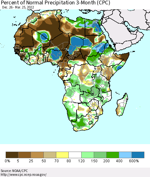 Africa Percent of Normal Precipitation 3-Month (CPC) Thematic Map For 12/26/2021 - 3/25/2022