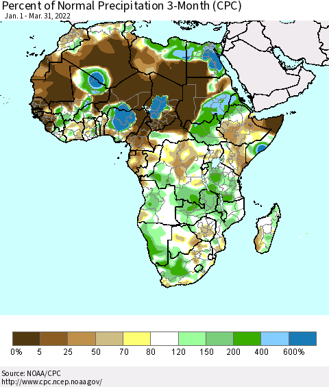 Africa Percent of Normal Precipitation 3-Month (CPC) Thematic Map For 1/1/2022 - 3/31/2022