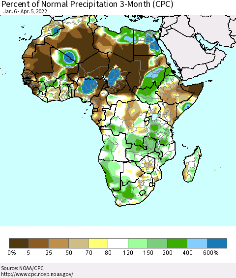 Africa Percent of Normal Precipitation 3-Month (CPC) Thematic Map For 1/6/2022 - 4/5/2022