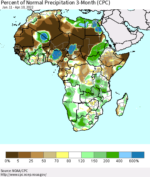 Africa Percent of Normal Precipitation 3-Month (CPC) Thematic Map For 1/11/2022 - 4/10/2022