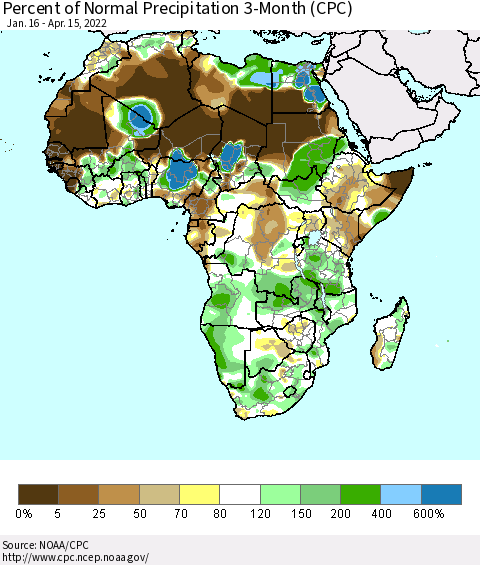 Africa Percent of Normal Precipitation 3-Month (CPC) Thematic Map For 1/16/2022 - 4/15/2022
