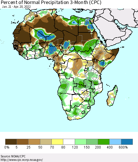 Africa Percent of Normal Precipitation 3-Month (CPC) Thematic Map For 1/21/2022 - 4/20/2022