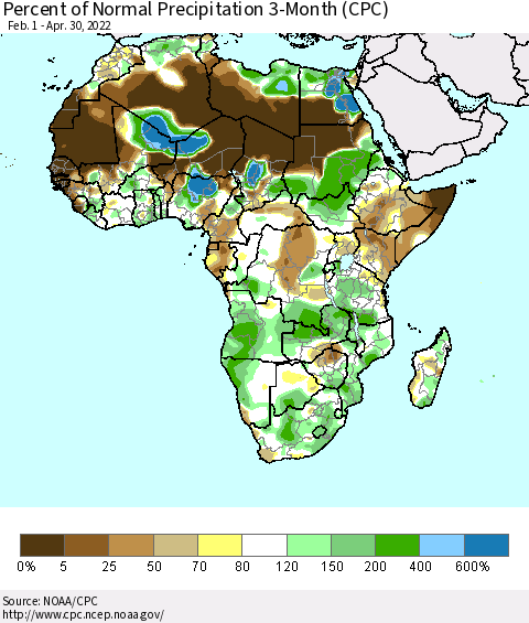 Africa Percent of Normal Precipitation 3-Month (CPC) Thematic Map For 2/1/2022 - 4/30/2022