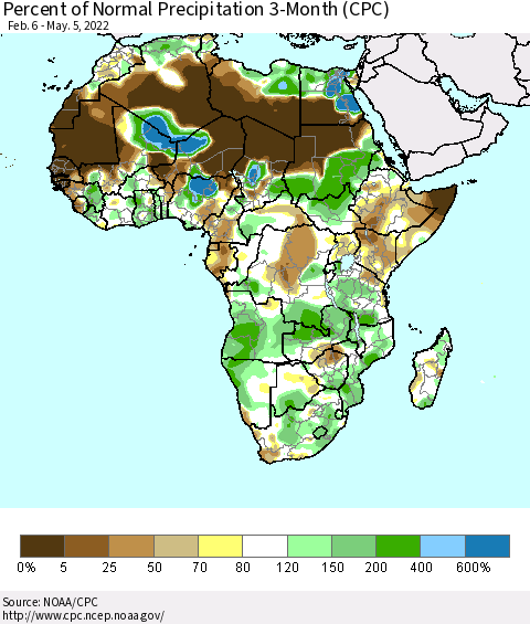 Africa Percent of Normal Precipitation 3-Month (CPC) Thematic Map For 2/6/2022 - 5/5/2022