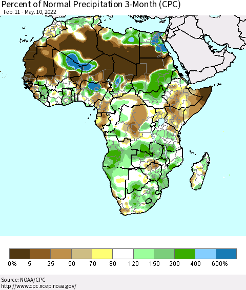Africa Percent of Normal Precipitation 3-Month (CPC) Thematic Map For 2/11/2022 - 5/10/2022