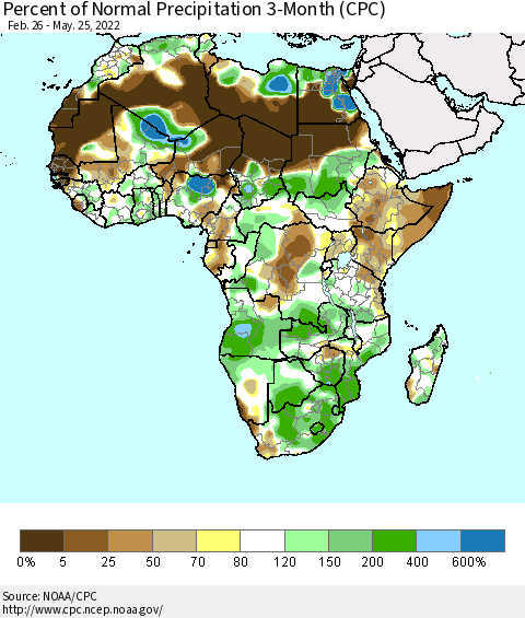 Africa Percent of Normal Precipitation 3-Month (CPC) Thematic Map For 2/26/2022 - 5/25/2022