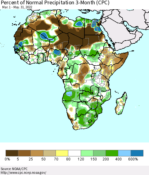 Africa Percent of Normal Precipitation 3-Month (CPC) Thematic Map For 3/1/2022 - 5/31/2022