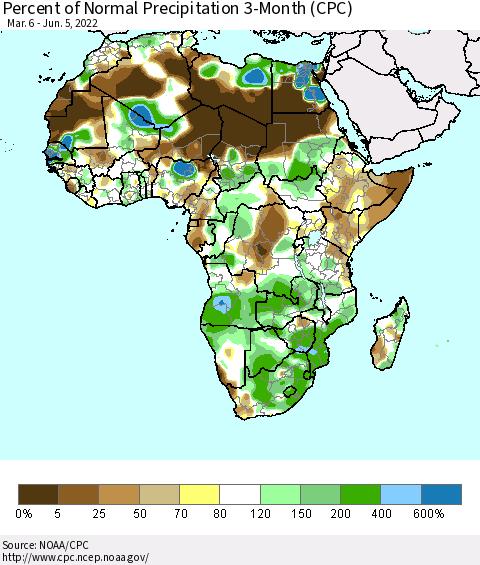 Africa Percent of Normal Precipitation 3-Month (CPC) Thematic Map For 3/6/2022 - 6/5/2022