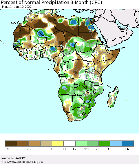Africa Percent of Normal Precipitation 3-Month (CPC) Thematic Map For 3/11/2022 - 6/10/2022