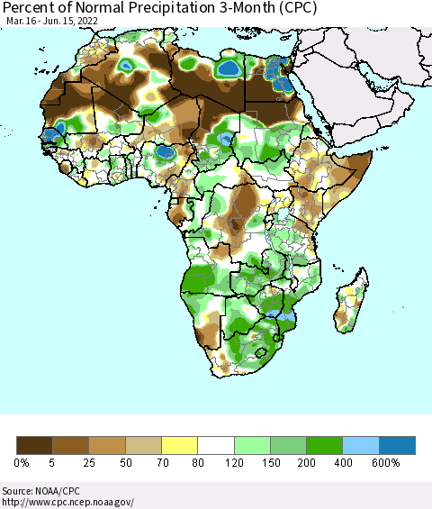 Africa Percent of Normal Precipitation 3-Month (CPC) Thematic Map For 3/16/2022 - 6/15/2022