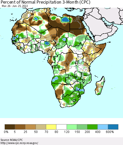 Africa Percent of Normal Precipitation 3-Month (CPC) Thematic Map For 3/26/2022 - 6/25/2022
