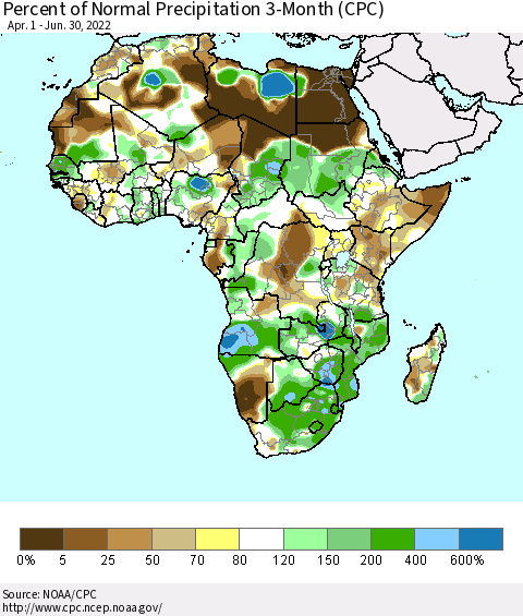 Africa Percent of Normal Precipitation 3-Month (CPC) Thematic Map For 4/1/2022 - 6/30/2022