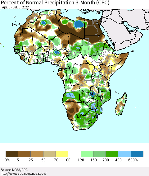 Africa Percent of Normal Precipitation 3-Month (CPC) Thematic Map For 4/6/2022 - 7/5/2022