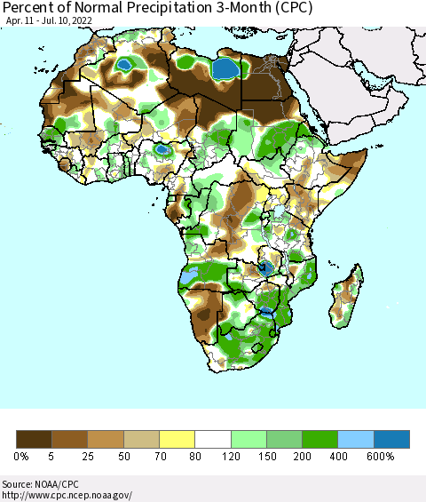 Africa Percent of Normal Precipitation 3-Month (CPC) Thematic Map For 4/11/2022 - 7/10/2022