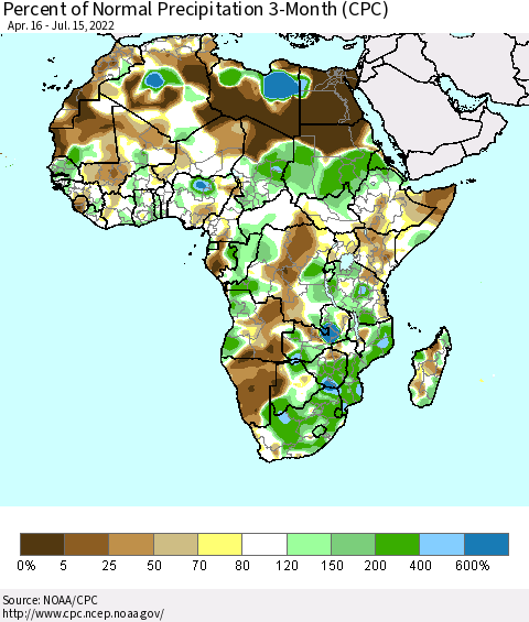 Africa Percent of Normal Precipitation 3-Month (CPC) Thematic Map For 4/16/2022 - 7/15/2022