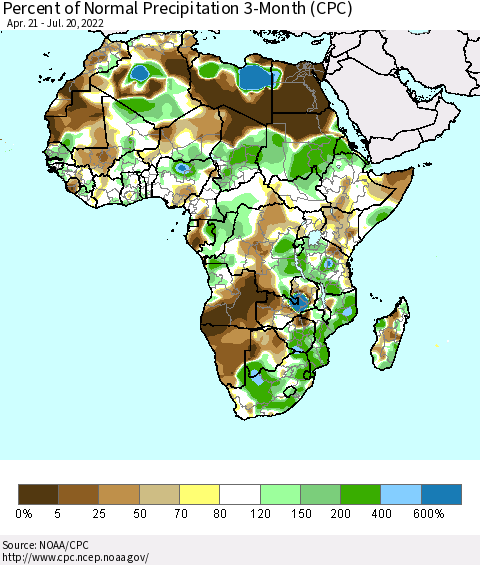 Africa Percent of Normal Precipitation 3-Month (CPC) Thematic Map For 4/21/2022 - 7/20/2022