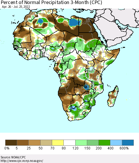 Africa Percent of Normal Precipitation 3-Month (CPC) Thematic Map For 4/26/2022 - 7/25/2022