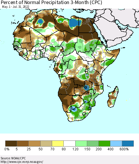 Africa Percent of Normal Precipitation 3-Month (CPC) Thematic Map For 5/1/2022 - 7/31/2022