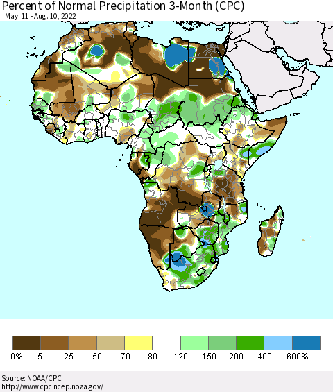 Africa Percent of Normal Precipitation 3-Month (CPC) Thematic Map For 5/11/2022 - 8/10/2022