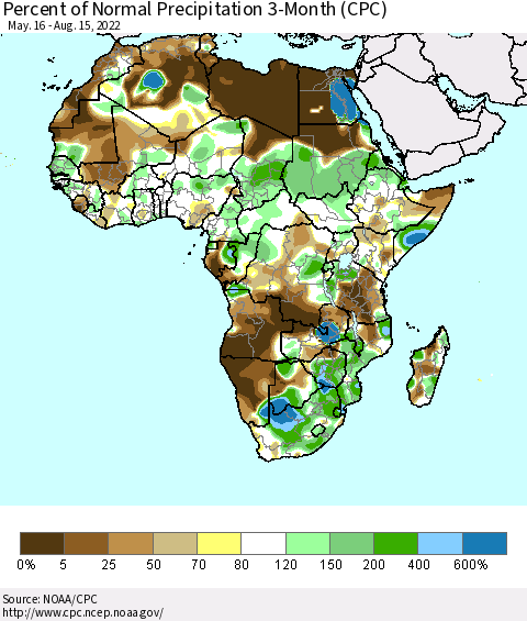 Africa Percent of Normal Precipitation 3-Month (CPC) Thematic Map For 5/16/2022 - 8/15/2022