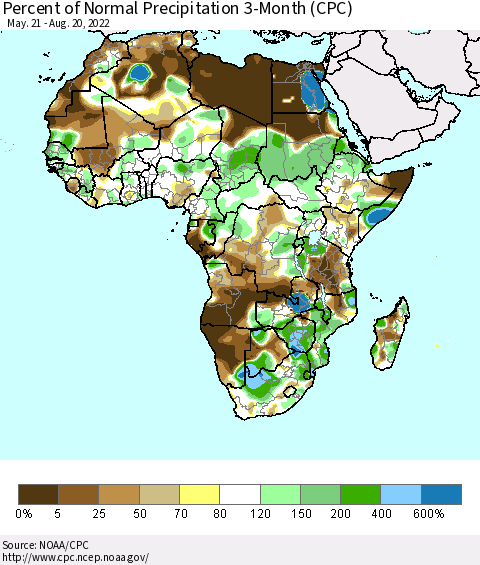 Africa Percent of Normal Precipitation 3-Month (CPC) Thematic Map For 5/21/2022 - 8/20/2022