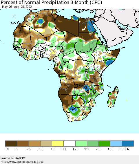Africa Percent of Normal Precipitation 3-Month (CPC) Thematic Map For 5/26/2022 - 8/25/2022