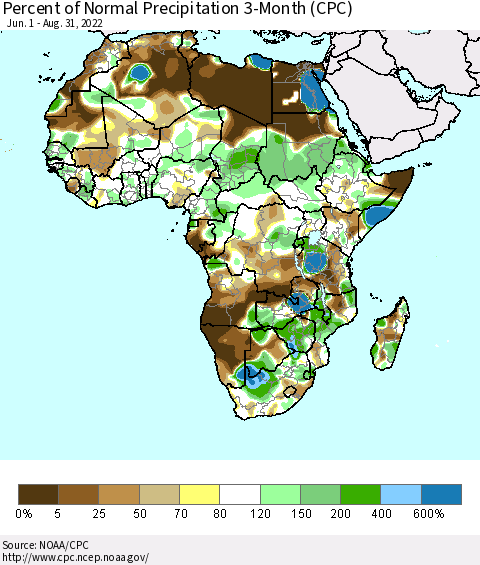 Africa Percent of Normal Precipitation 3-Month (CPC) Thematic Map For 6/1/2022 - 8/31/2022