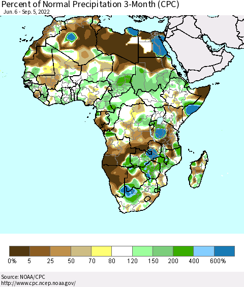 Africa Percent of Normal Precipitation 3-Month (CPC) Thematic Map For 6/6/2022 - 9/5/2022