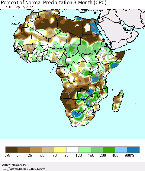Africa Percent of Normal Precipitation 3-Month (CPC) Thematic Map For 6/16/2022 - 9/15/2022