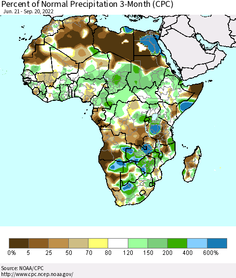 Africa Percent of Normal Precipitation 3-Month (CPC) Thematic Map For 6/21/2022 - 9/20/2022