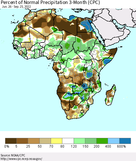 Africa Percent of Normal Precipitation 3-Month (CPC) Thematic Map For 6/26/2022 - 9/25/2022
