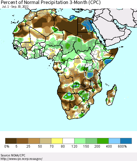 Africa Percent of Normal Precipitation 3-Month (CPC) Thematic Map For 7/1/2022 - 9/30/2022