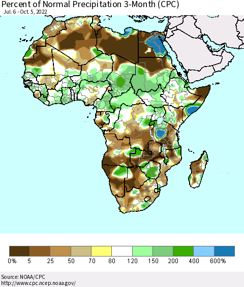 Africa Percent of Normal Precipitation 3-Month (CPC) Thematic Map For 7/6/2022 - 10/5/2022