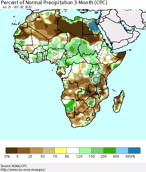 Africa Percent of Normal Precipitation 3-Month (CPC) Thematic Map For 7/21/2022 - 10/20/2022