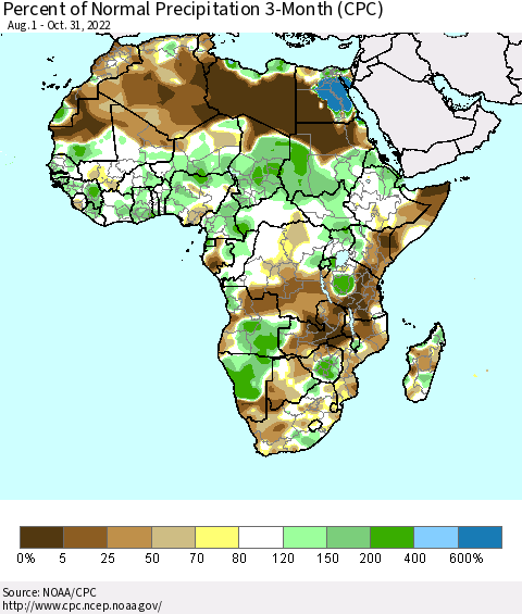 Africa Percent of Normal Precipitation 3-Month (CPC) Thematic Map For 8/1/2022 - 10/31/2022