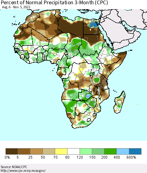 Africa Percent of Normal Precipitation 3-Month (CPC) Thematic Map For 8/6/2022 - 11/5/2022