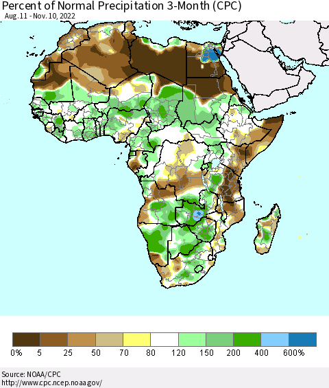 Africa Percent of Normal Precipitation 3-Month (CPC) Thematic Map For 8/11/2022 - 11/10/2022