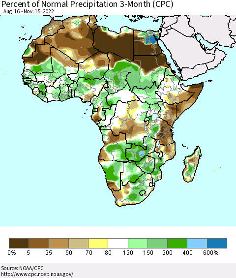 Africa Percent of Normal Precipitation 3-Month (CPC) Thematic Map For 8/16/2022 - 11/15/2022
