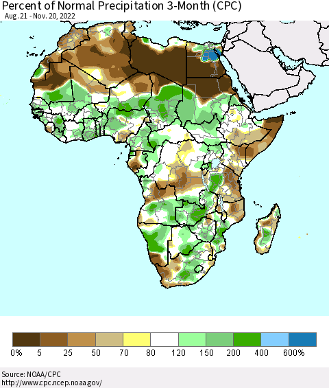Africa Percent of Normal Precipitation 3-Month (CPC) Thematic Map For 8/21/2022 - 11/20/2022
